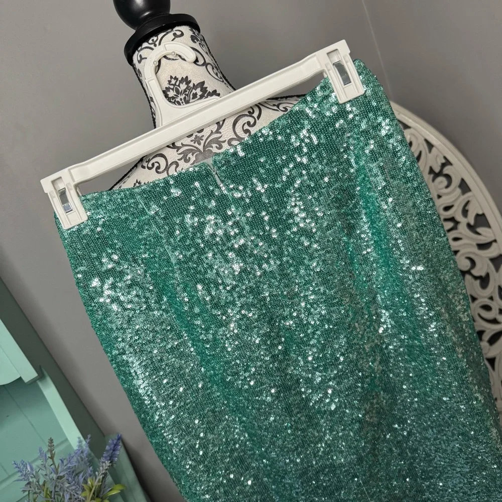 Top Shop Sequin Midi Skirt Size 6 NWT Turquoise Aqua Cocktail Party Boho Glam - Picture 8 of 13